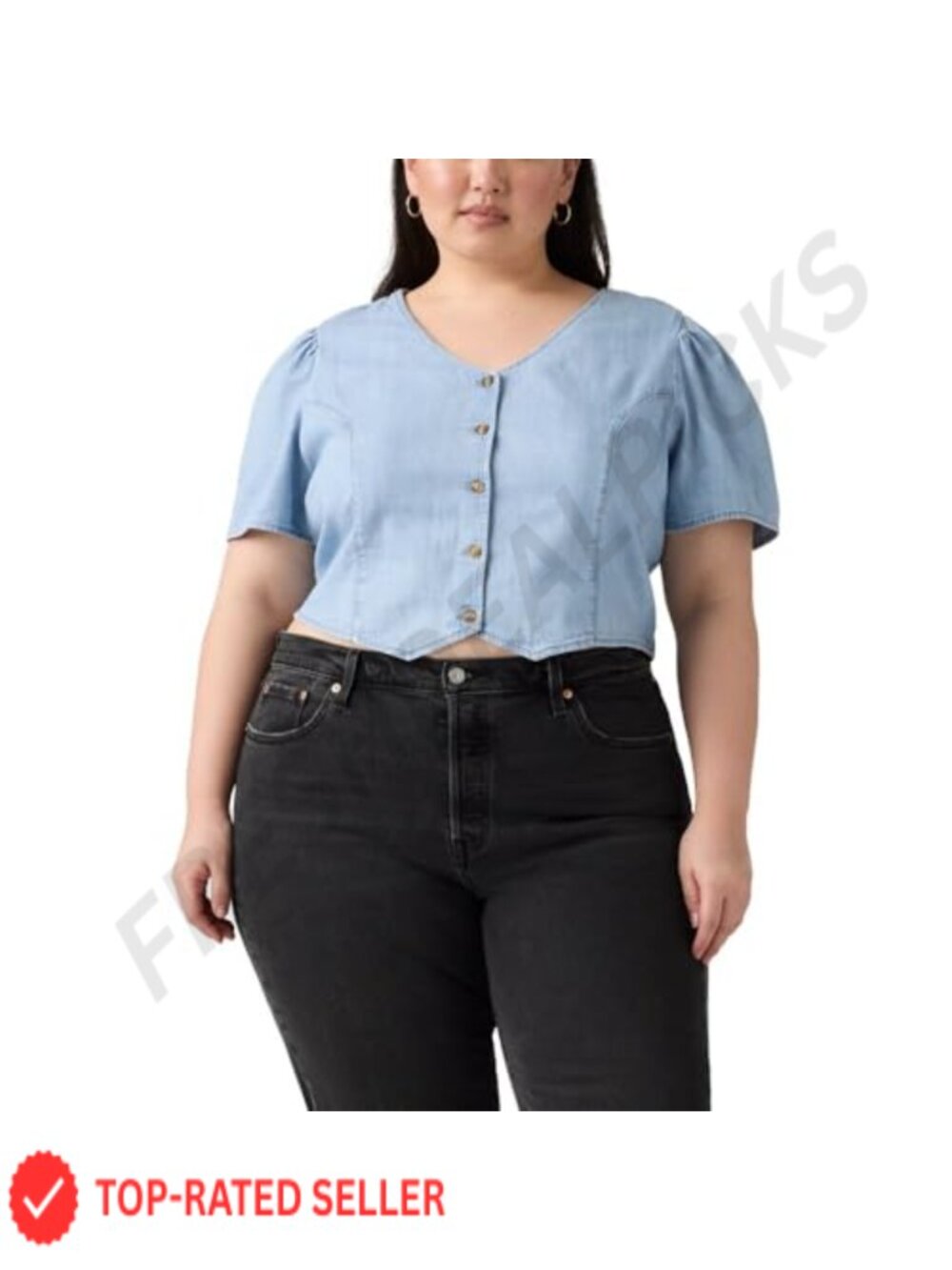 Moxie Denim Blouse Short Sleeve V-Neck Peasant Top Regular Fit